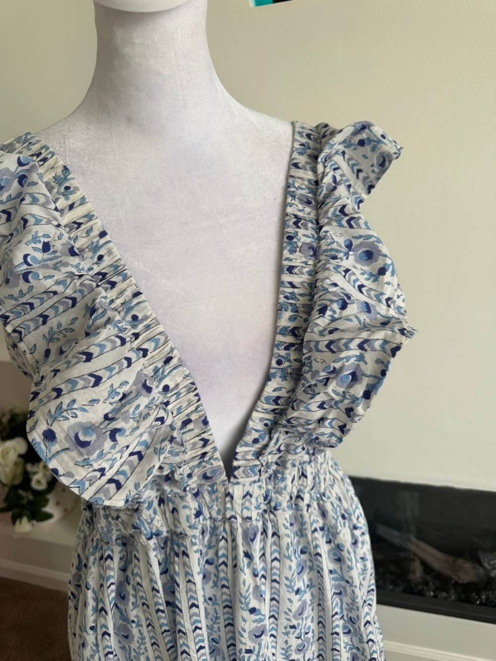 Sleeveless Blue & White Ruffle Maxi Dress - Picture 6 of 9